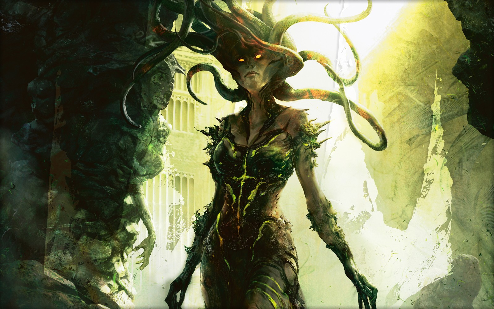 A woman in a dress with tentacles on her head and a large head (magic the gathering, illustration, art, demon, ravnica)