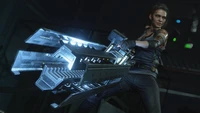 Jill Valentine empunhando um railgun em Resident Evil 3 Remake.