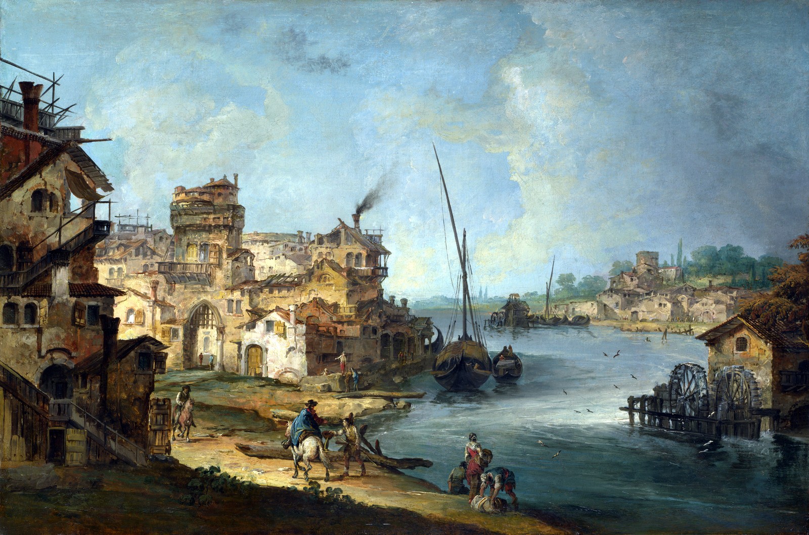 A painting of a river scene with a boat and people (painting, art, watercolor paint, waterway, visual arts)