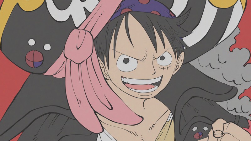 Аниме персонажи улыбаются и держат контроллер видеоигры (monkey d luffy, один кусок красный, one piece red, аниме, anime)