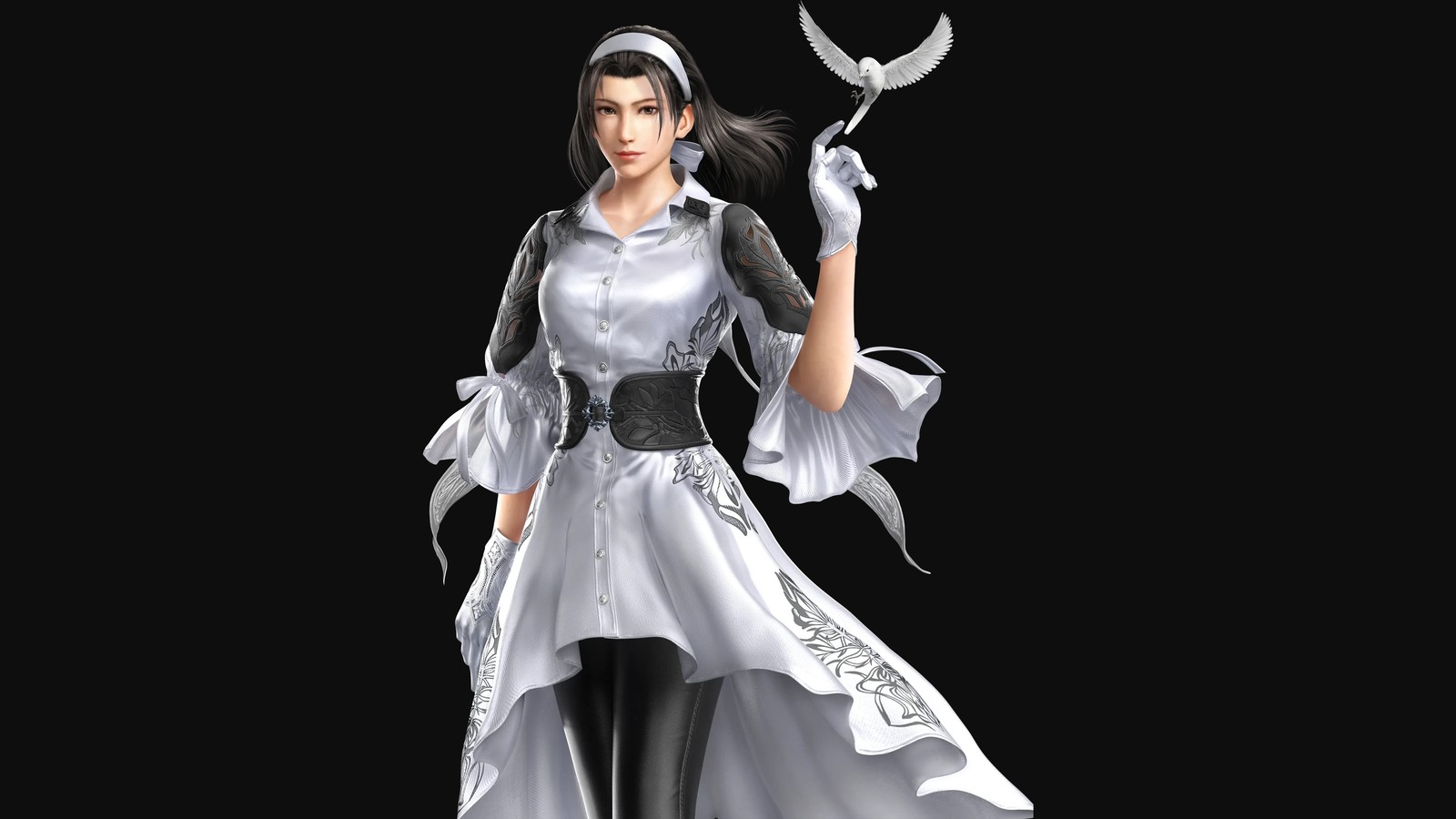 A close up of a woman in a white dress holding a bird (jun kazama, tekken 8, 5k, amoled, black background)