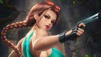 Lara Croft: Ikonische Tomb Raider mit einer Waffe in einer antiken Ruine