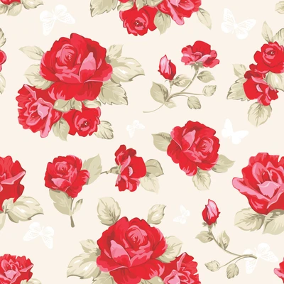 Floral illustration featuring vibrant red garden roses and delicate butterflies on a soft background.