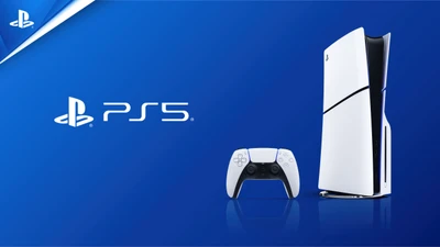 Consola Sony PlayStation 5 con controlador sobre fondo azul