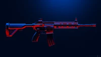 Rifle estilizado con diseño futurista en iluminación azul y roja