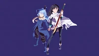 Rimuru Tempest und Shizue Izawa in dynamischer Pose, die ihre Bindung und Bereitschaft für Abenteuer im lebhaften Anime-Stil zeigt.