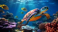 turtle, underwater, coral, nature, animals wallpaper