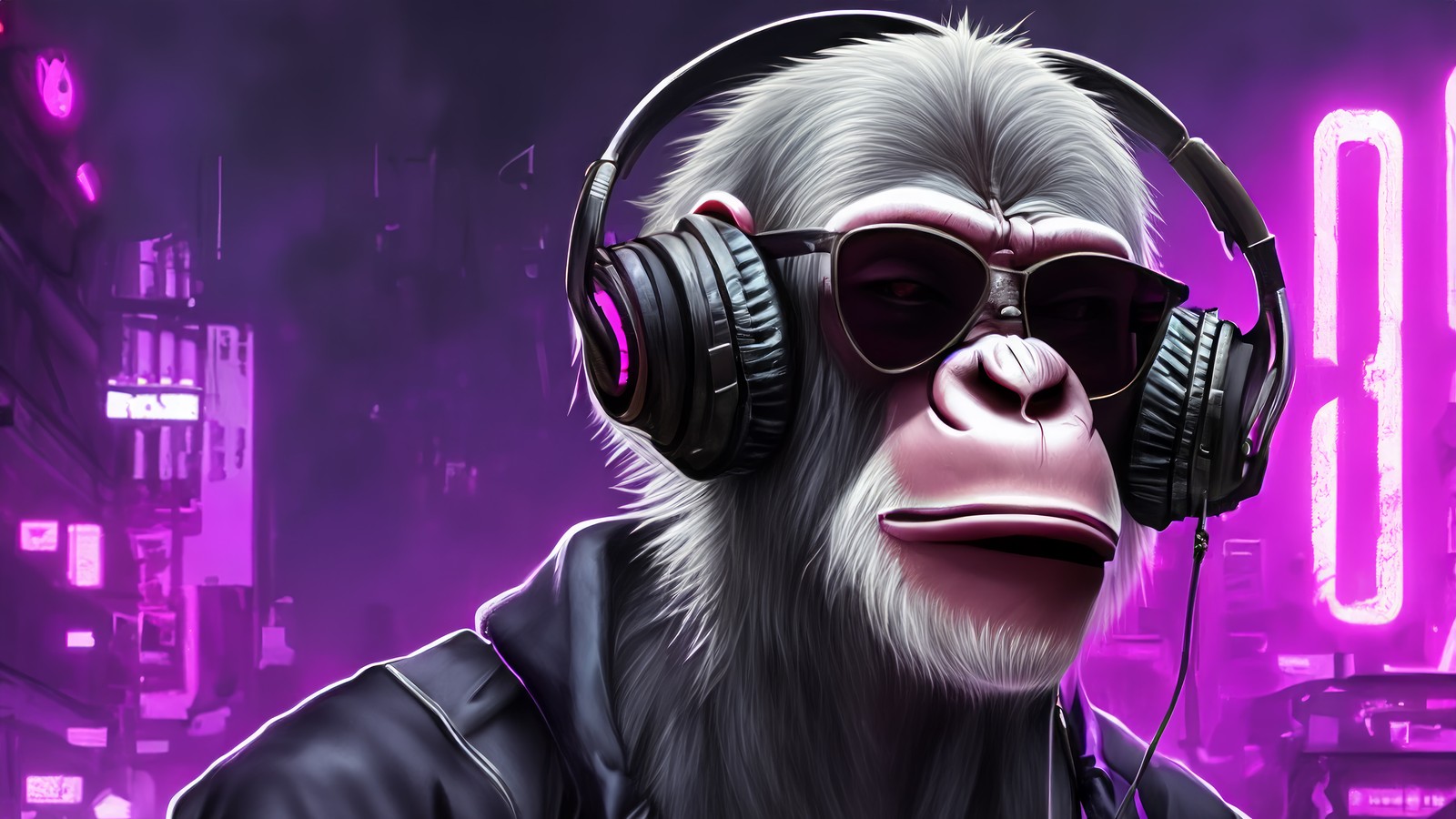 A close up of a monkey wearing headphones and sunglasses (dj, monkey, digital art, animals)