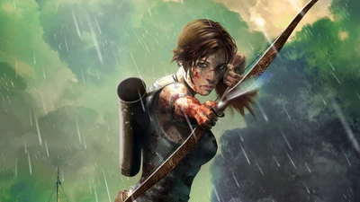 Lara Croft pronta para a ação, empunhando um arco e flecha em meio a um fundo tempestuoso, incorporando o espírito de aventura e resiliência em "Tomb Raider".