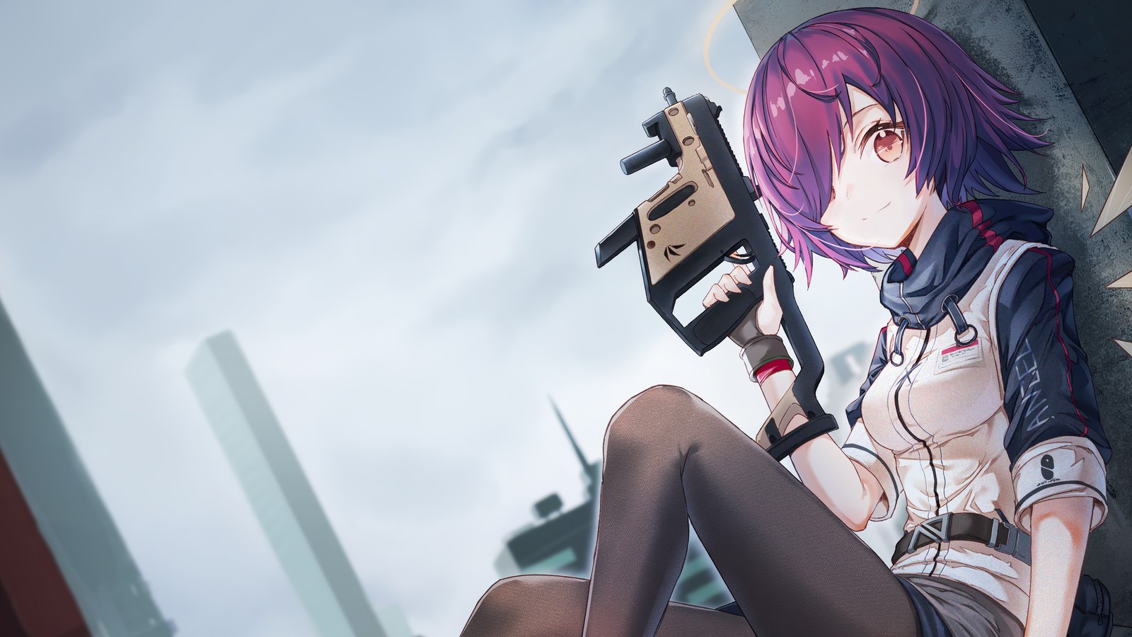 Anime girl with a gun sitting on a ledge in a city (exusiai, arknights, anime girls, video game)