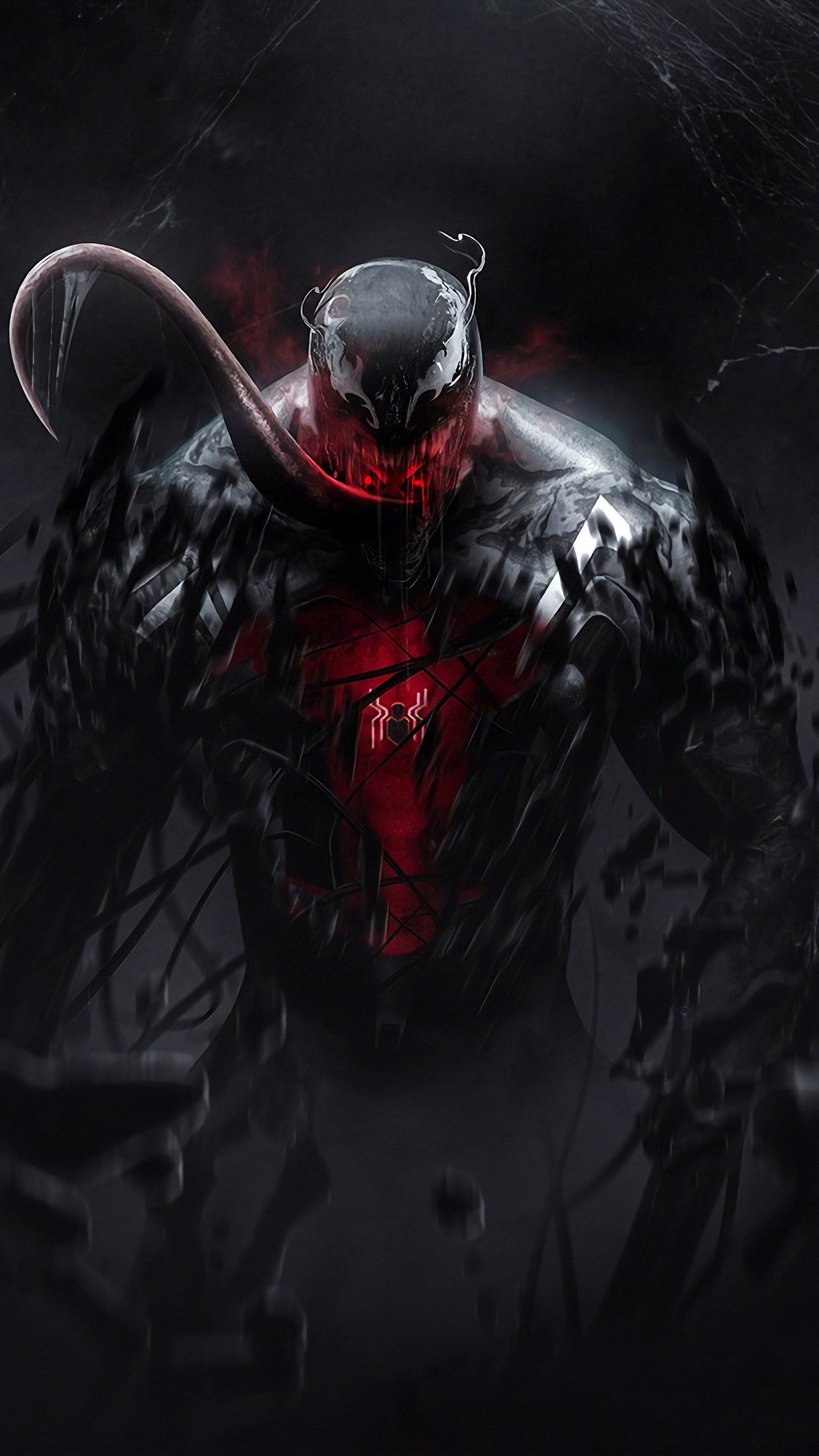 Gros plan d'une personne portant un costume rouge et noir (spider man, marvel comics, bandes dessinées, symbiote, casque)