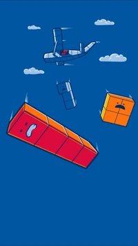 Colorful geometric shapes resembling aircraft and blocks in an electric blue sky with playful clouds.