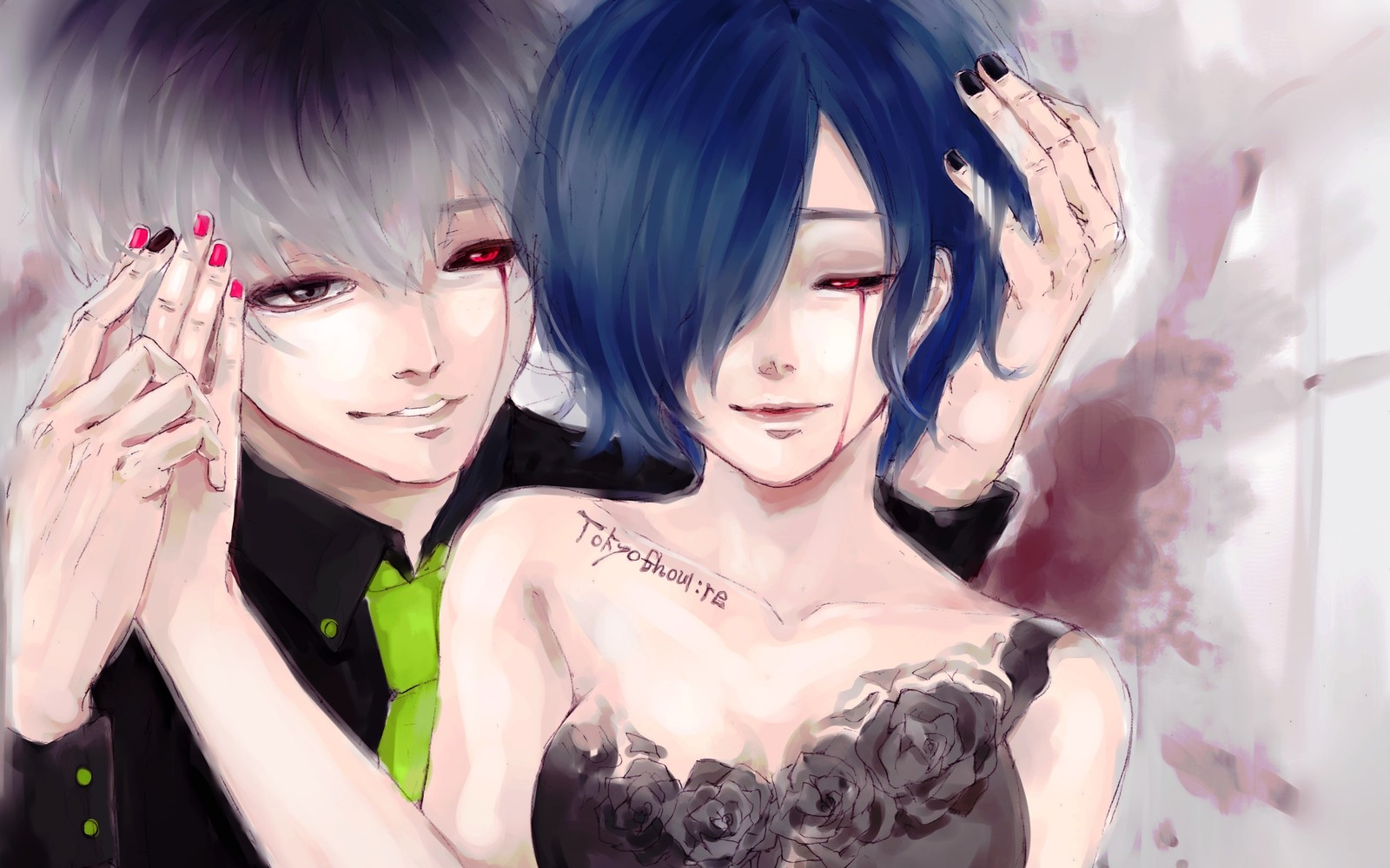 Anime couple with blue hair and black dress posing for picture (ken kaneki, tokyo ghoul, cool, long hair, tokyo ghoul re)