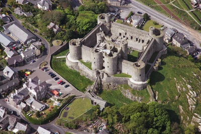 Vue aérienne d'un château médiéval historique entouré d'un charmant village et d'une verdure luxuriante