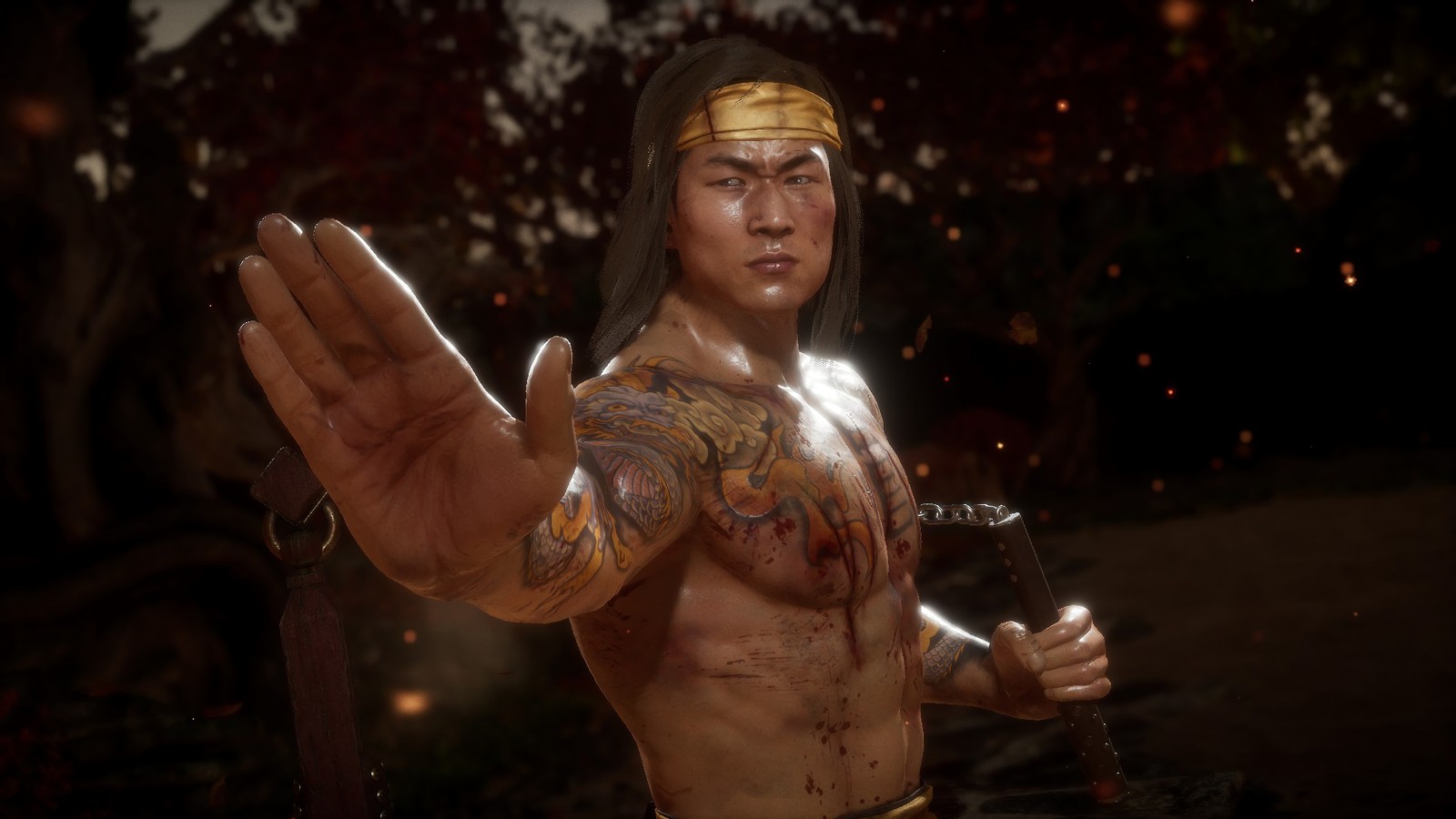 A man with a sword and a tattoo on his arm (liu kang, mortal kombat 11, video game)