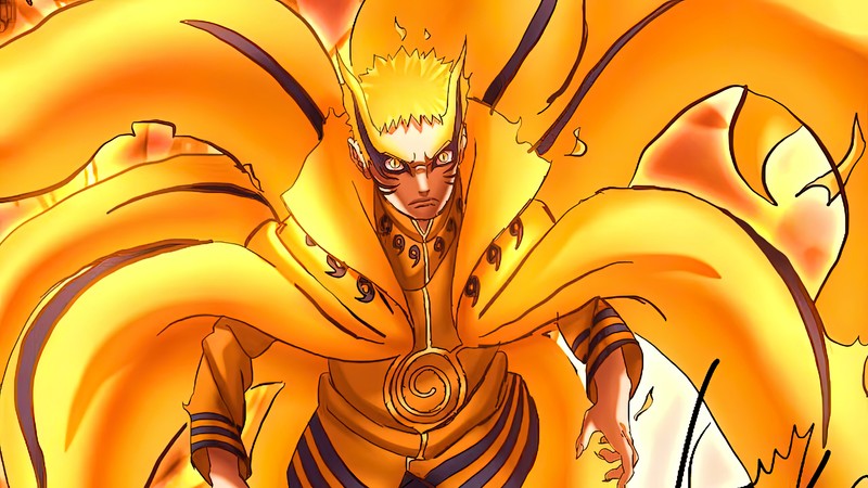 Приближенный план человека в желтом наряде с мечом (naruto uzumaki, аниме, anime, режим бариона)