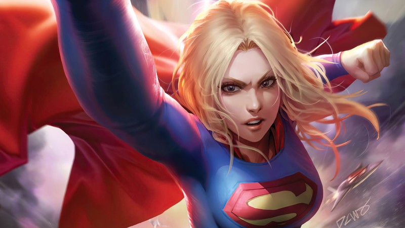 Женщина в костюме супермена летит по воздуху (супердевушка, supergirl, dc comics, супергерой, девочки)