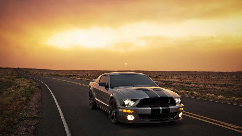 Близкий план автомобиля, едущего по дороге рядом с закатом (ford mustang, shelby mustang, машина, ford, спортивный автомобиль)