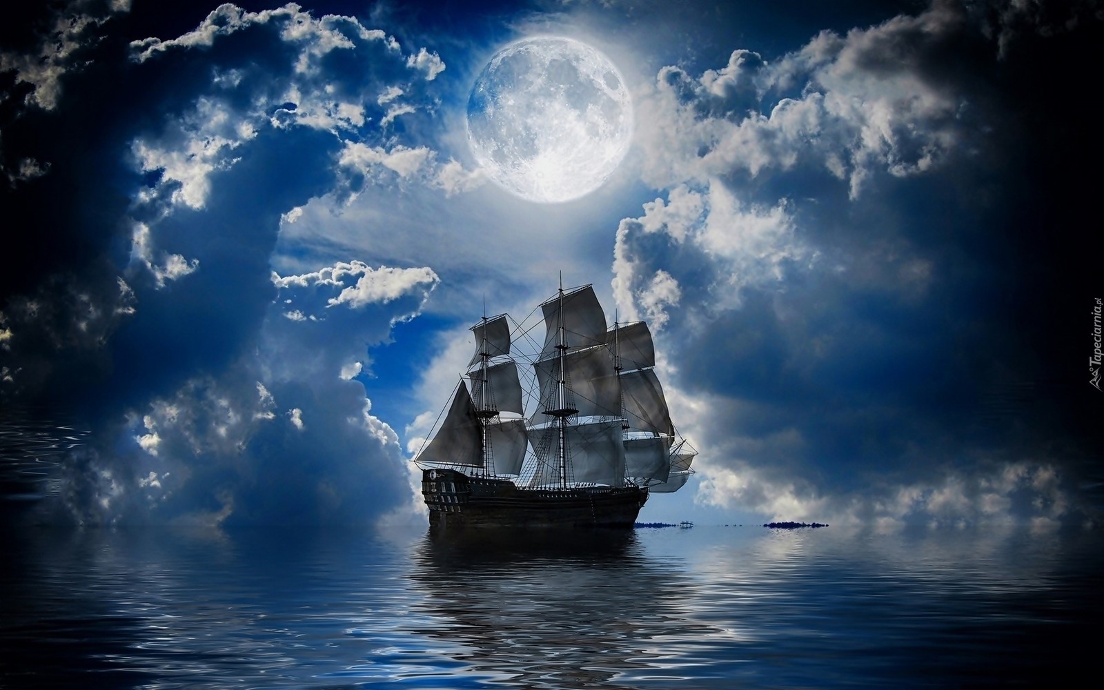 Un grand voilier flottant dans l'océan sous une pleine lune (navire, peinture, voilier, bateau, calme)