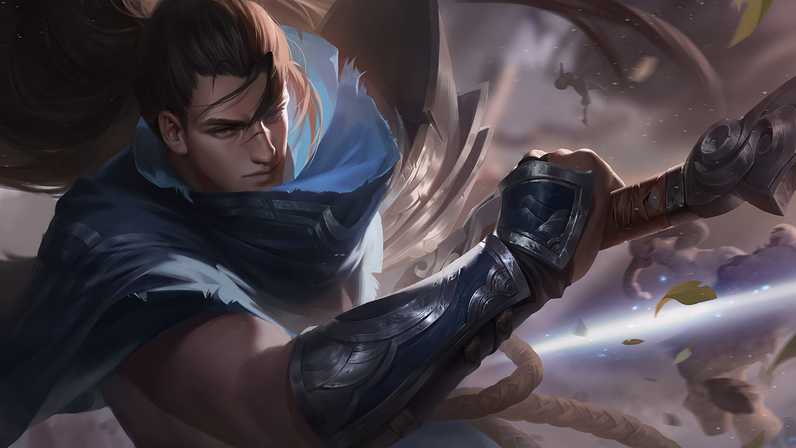 Gros plan d'un homme tenant une épée dans sa main (yasuo, lol, league of legends, jeu vidéo, art)