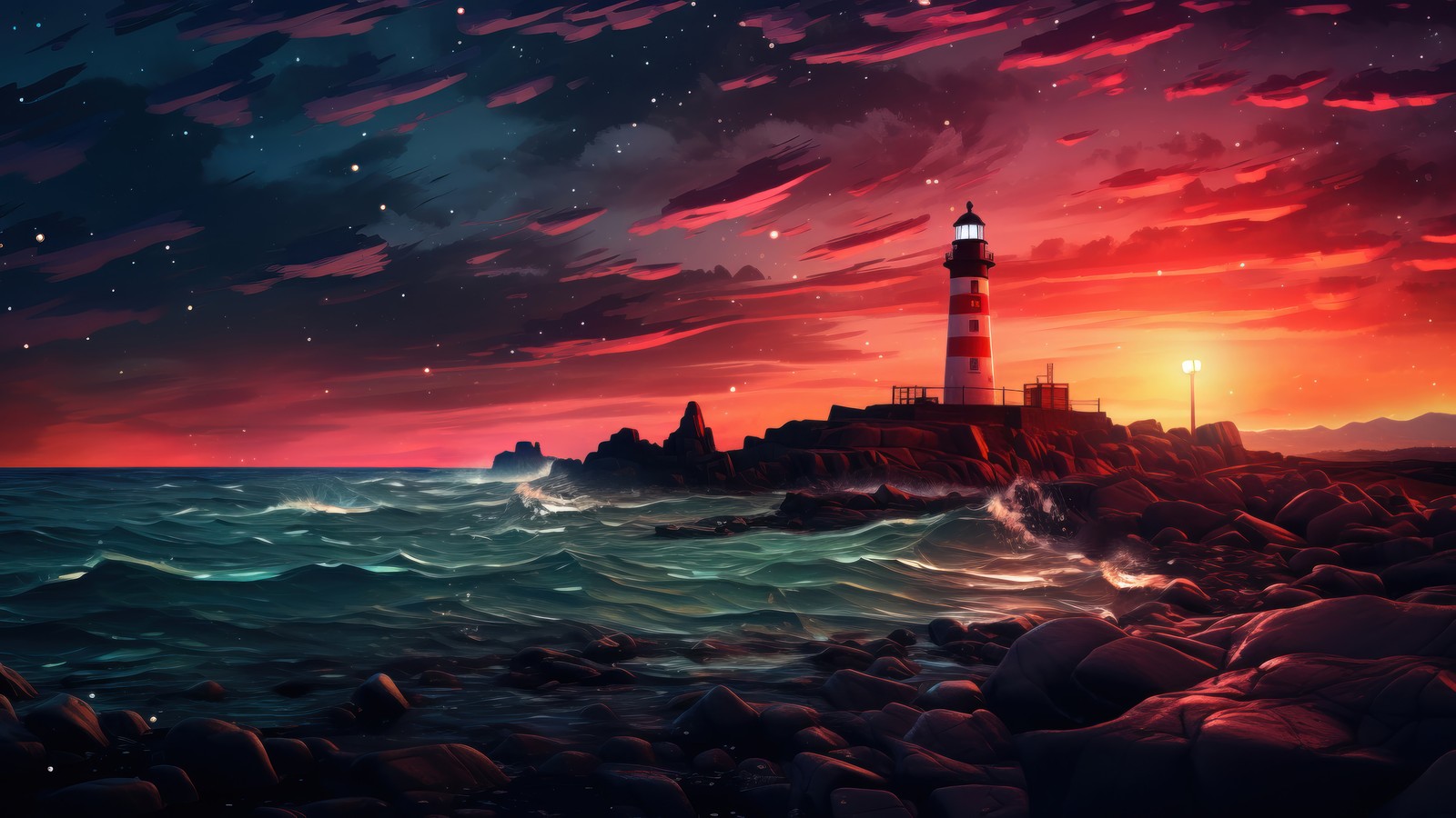 Un phare sur une côte rocheuse au coucher du soleil avec un ciel brillant (phare, coucher de soleil, paysage, art numérique)