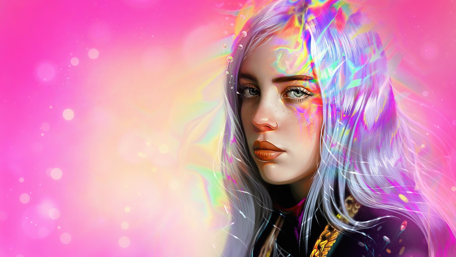 Un gros plan d'une femme avec de longs cheveux et un collier (billie eilish, art, chanteur, filles, célébrité)