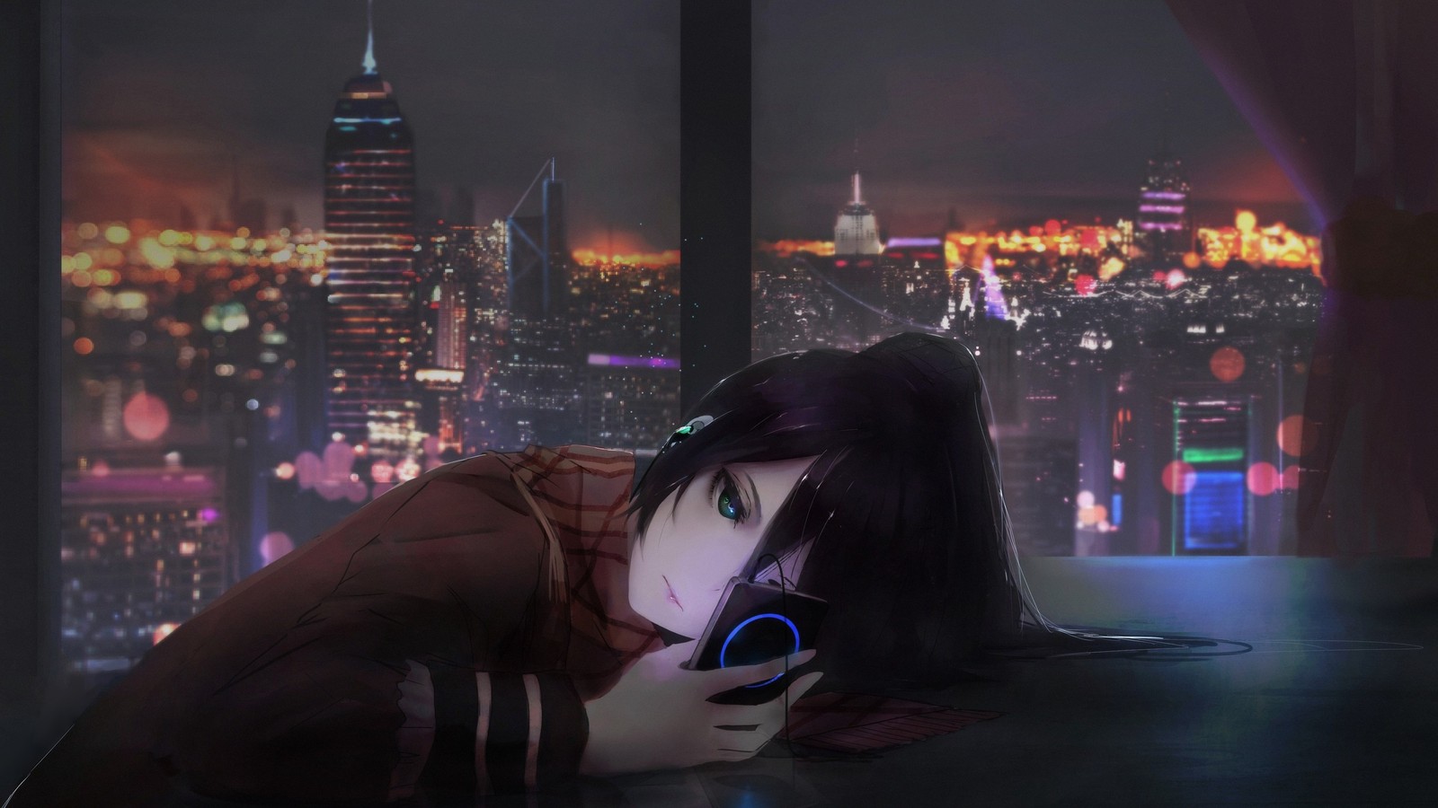 Anime girl laying on the floor looking at her cell phone (anime, night, darkness, drawing, art)