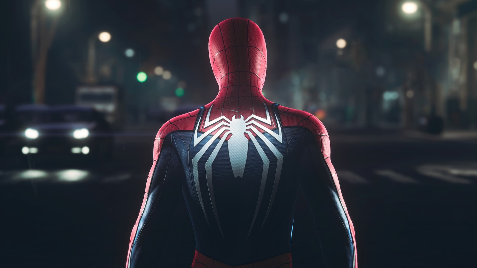 Spider-man se tenant au milieu d'une ville la nuit (marvel spider man 2, marvels spider man 2, jeu vidéo, marvel)