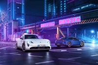 2021 Porsche Taycan Aerokit in Neon-Stadtlandschaft