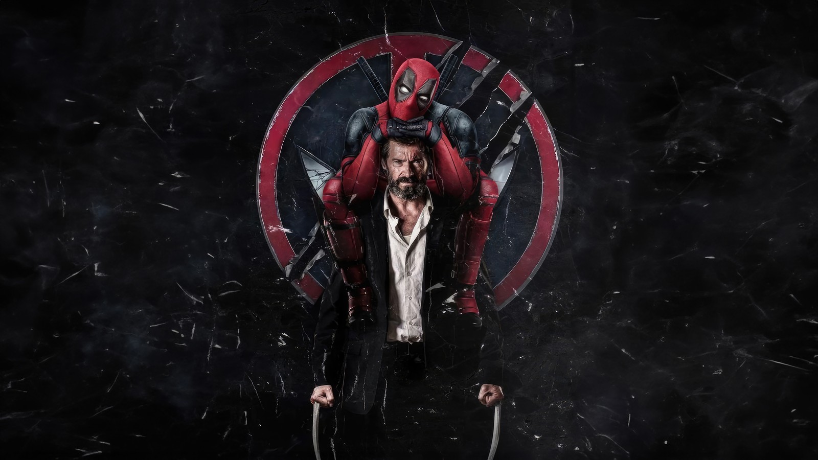 Un hombre con traje y corbata de pie junto a un deadpool (deadpool y wolverine, película, wolverine, deadpool 3, marvel)