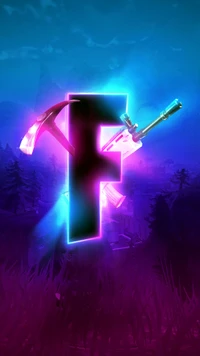 Fortnite-Logo mit ikonischen Waffen und lebendigen Neon-Effekten