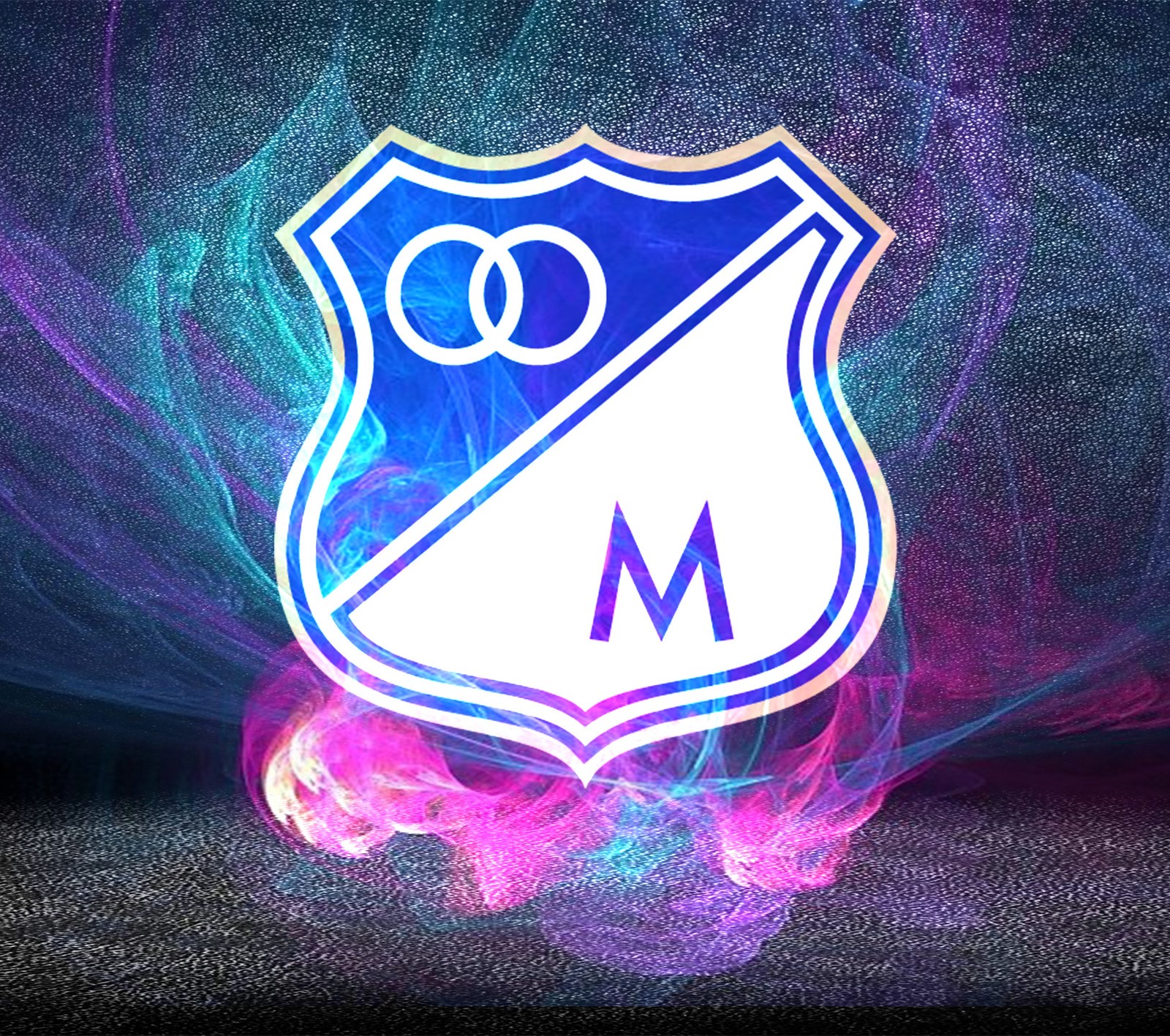 Um close de um emblema de futebol com fundo neon (águia, colômbia, fc, milionários)