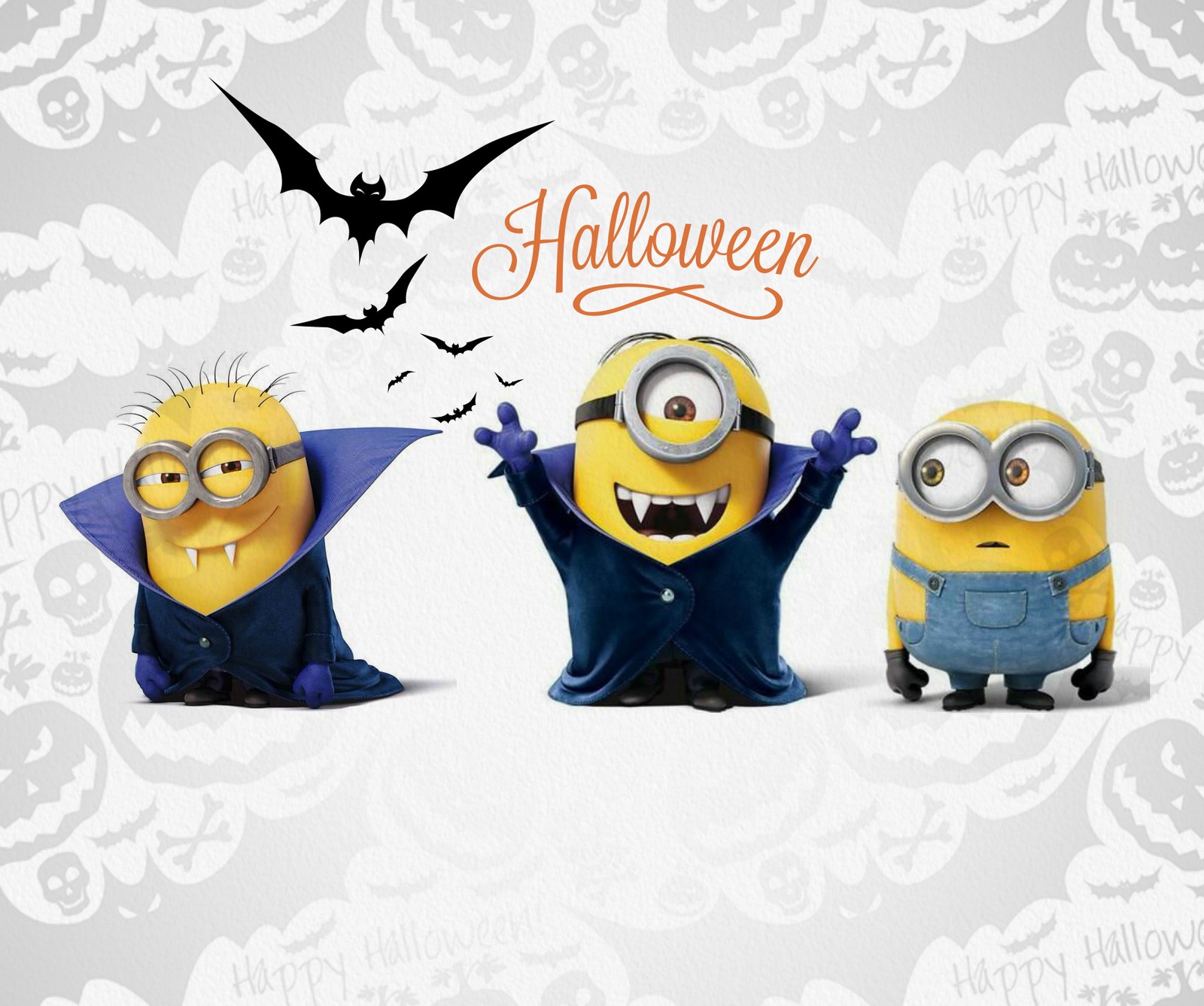 Drei minions verkleidet als halloween-charaktere mit fledermäusen (halloween, minions, ocassion)