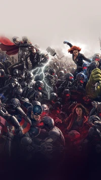 Epic battle scene featuring superheroes and armored foes in a dynamic clash.