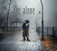 A solitary figure in a suit stands on a foggy path, with a TV for a head, surrounded by swirling leaves, conveying a profound sense of isolation.