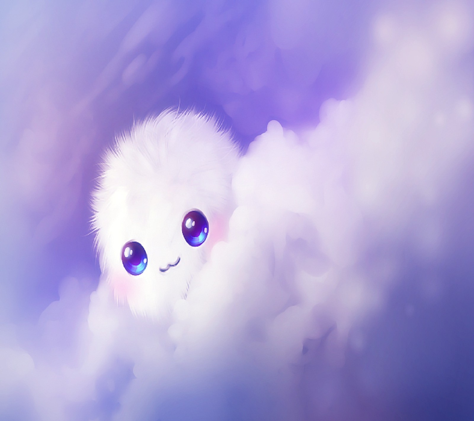 There is a fluffy white cat with big blue eyes peeking out of the clouds (clouds, cute)