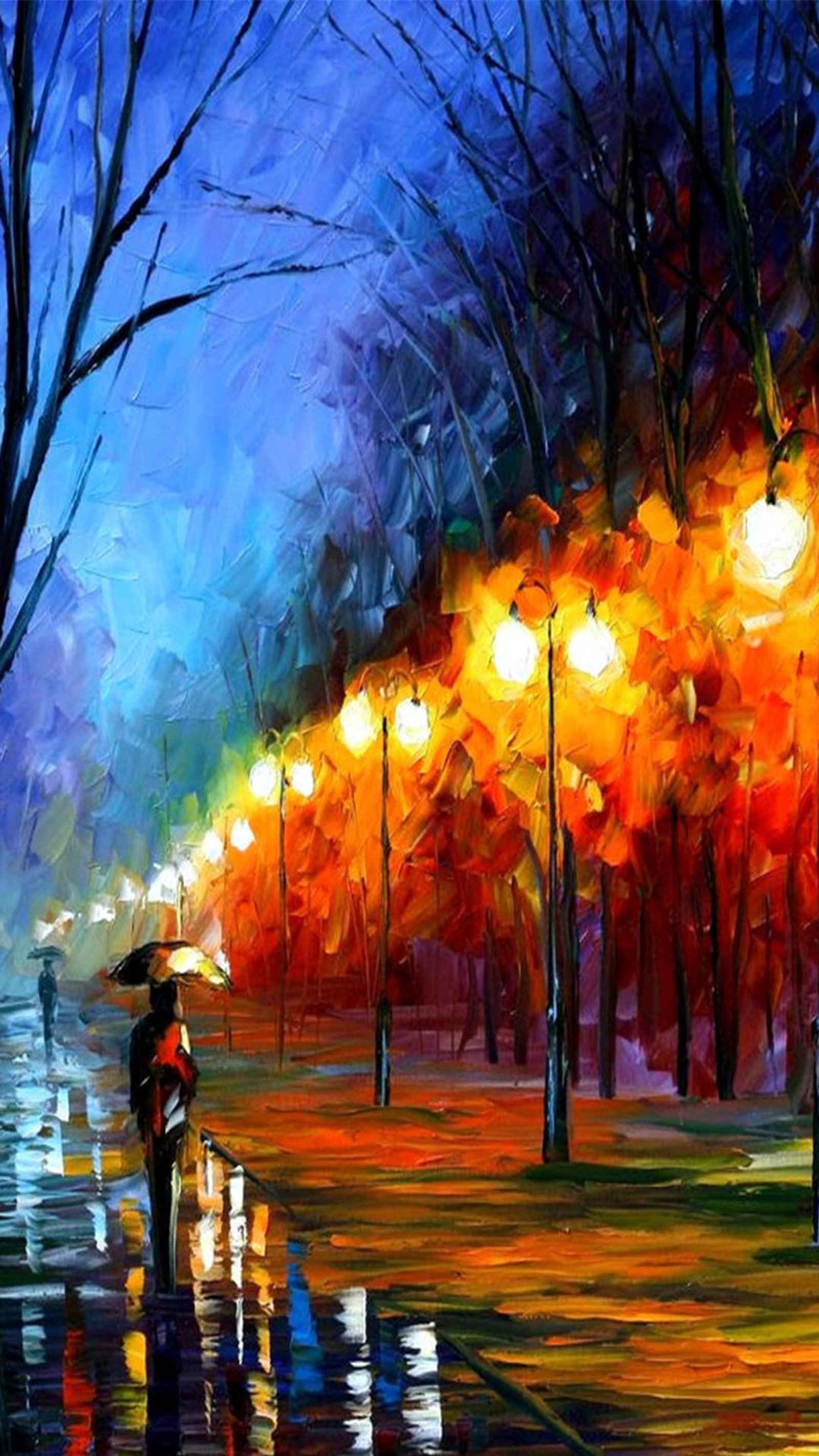 Pintura de um casal caminhando na chuva com um guarda-chuva (luz, rua)