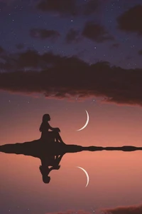 moon, crescent, reflection, silhouette, girl