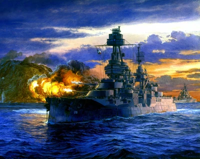 Naval Battle at Dusk: A Warship Engaged in Fiery Combat