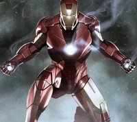 Iron Man in a dynamic pose, showcasing his armor's glowing chest arc reactor and energy blasts from his hands.