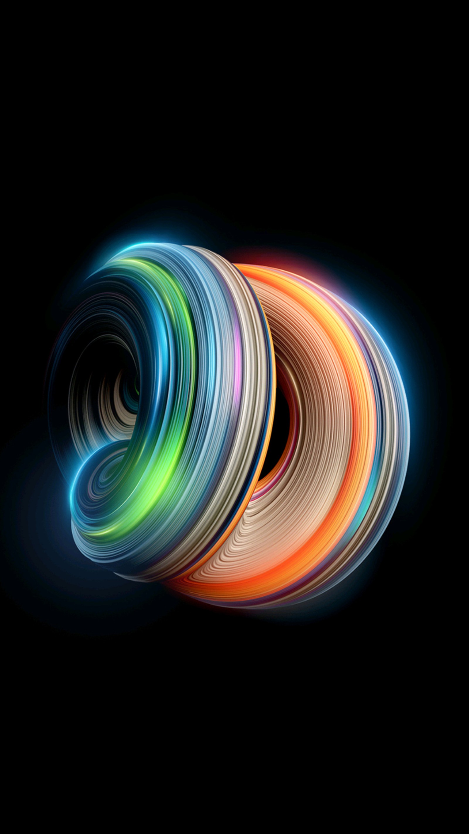 A close up of a colorful spiral on a black background (color, colorful, curve, design, round)