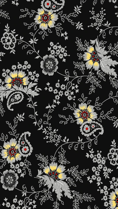 Abstract Boho Floral Pattern on Black Background