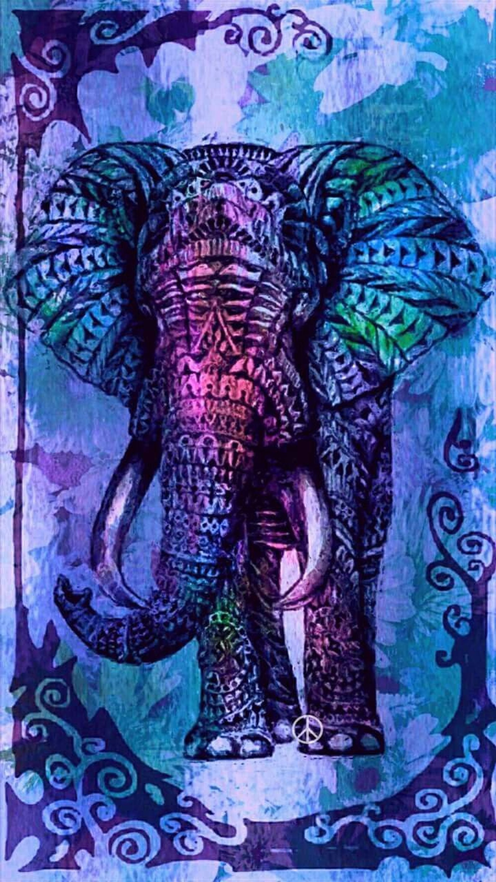 Peinture d'un éléphant avec un motif coloré sur la tête (mignon, design, éléphant, mandala, violet)