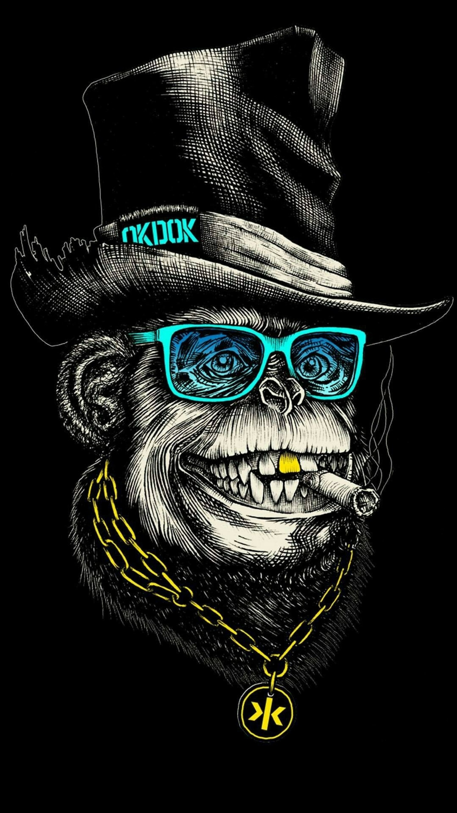 A close up of a monkey wearing a hat and sunglasses (funcky, monkey)