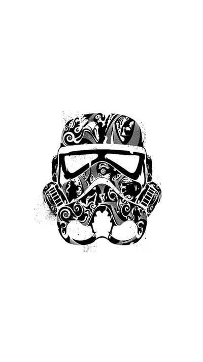 Design minimalista de máscara de crânio em preto e branco inspirado na estética dos Stormtroopers