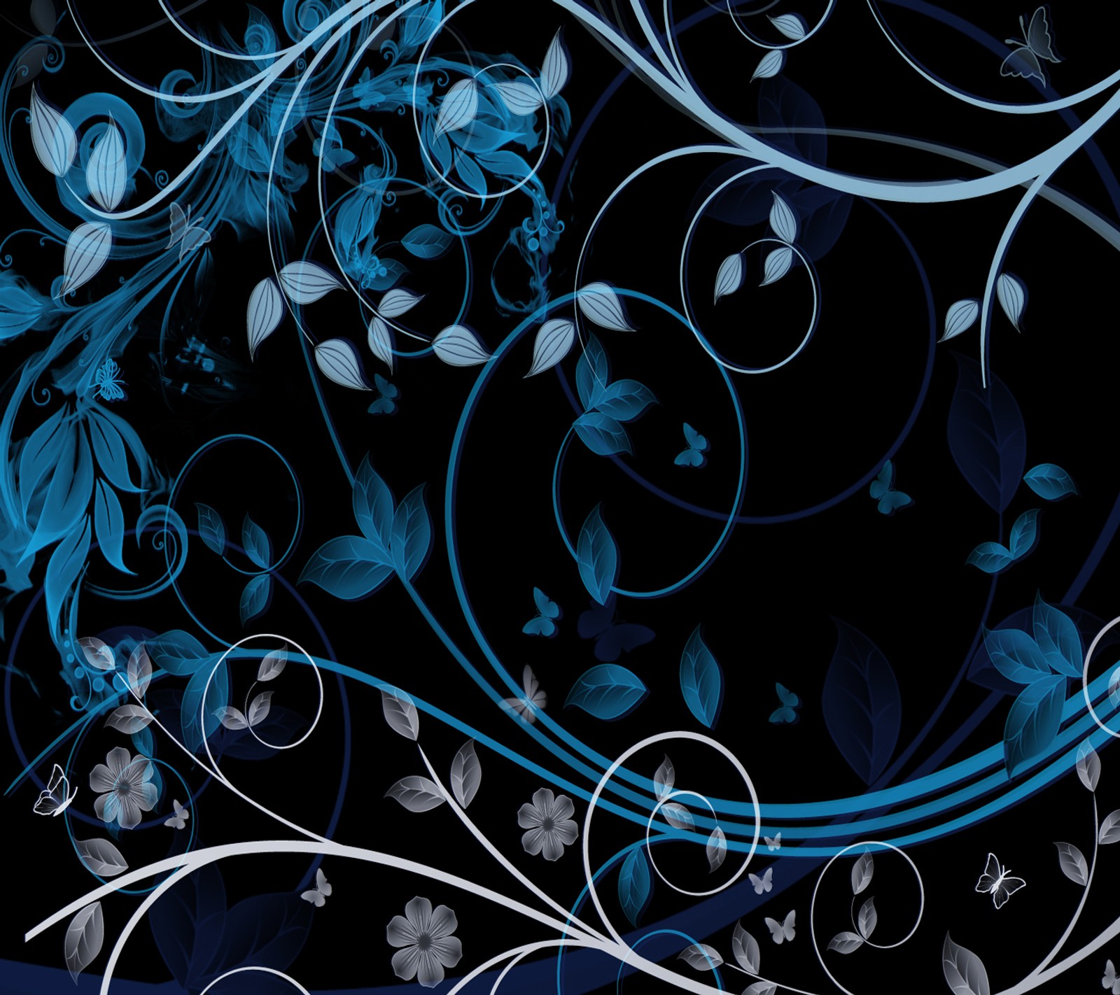 A close up of a blue and white floral design on a black background (floral, flowers)