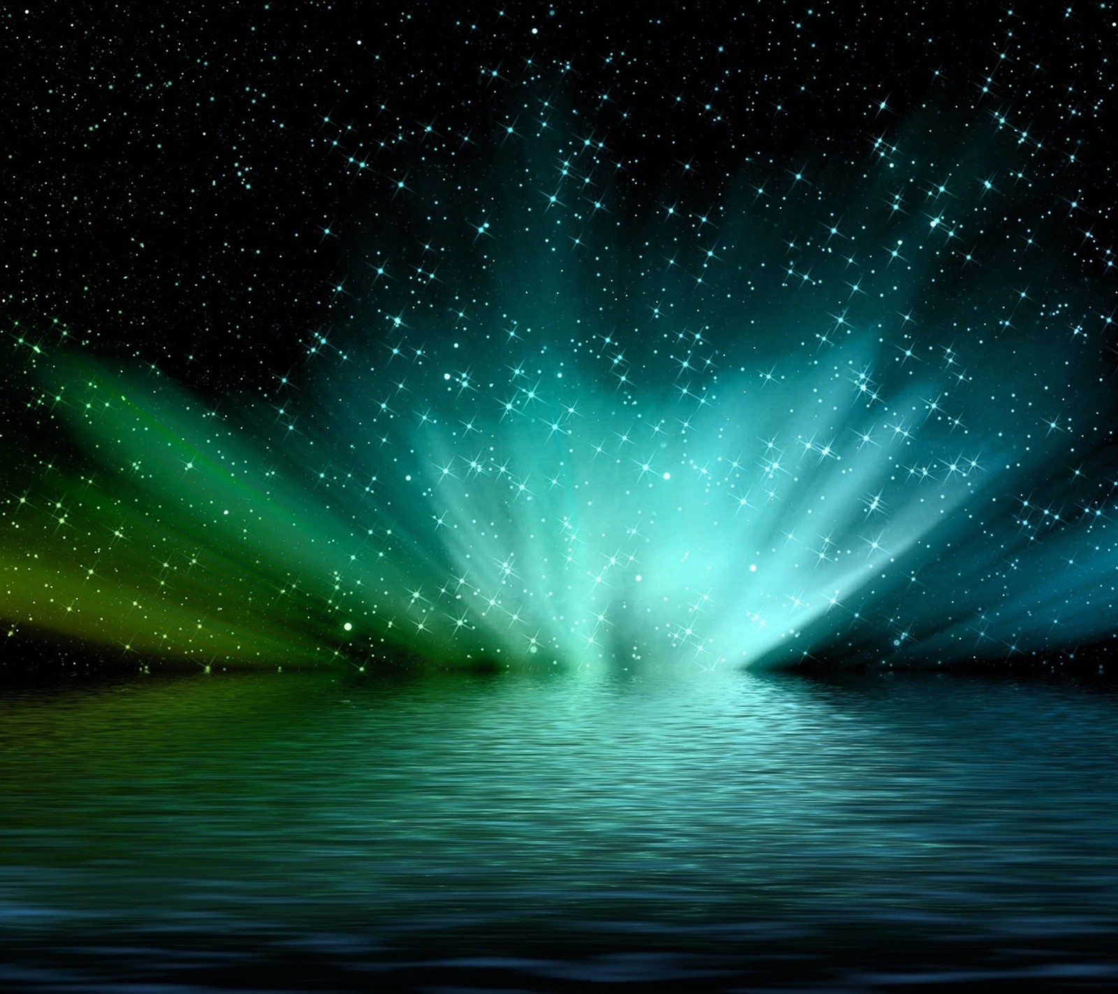 A green and blue light shines over the water (light, nebula, night, stars, water)