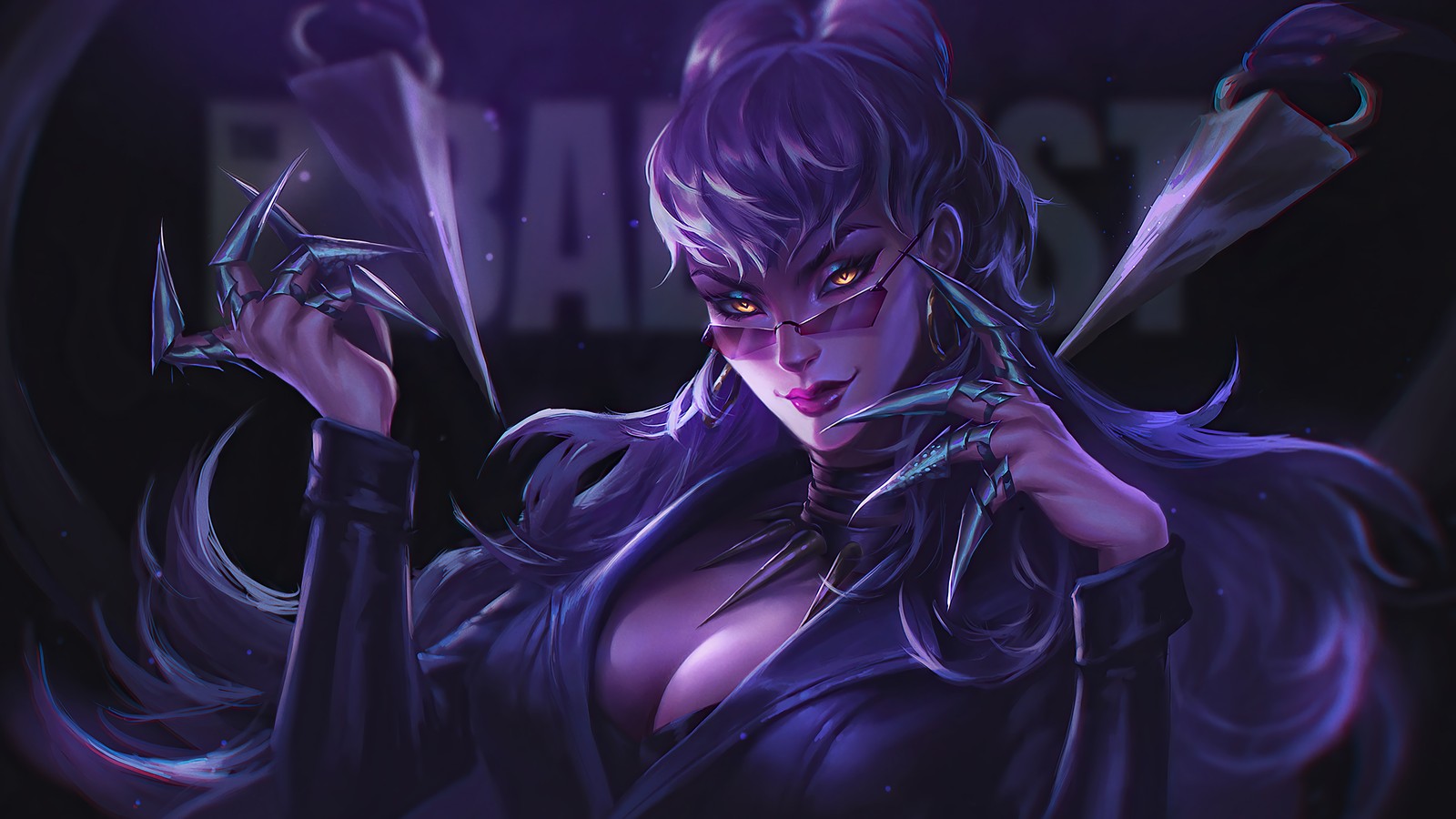 Женщина с мечом в руке на фиолетовом фоне (kda, evelynn, самый плохой, lol, league of legends)