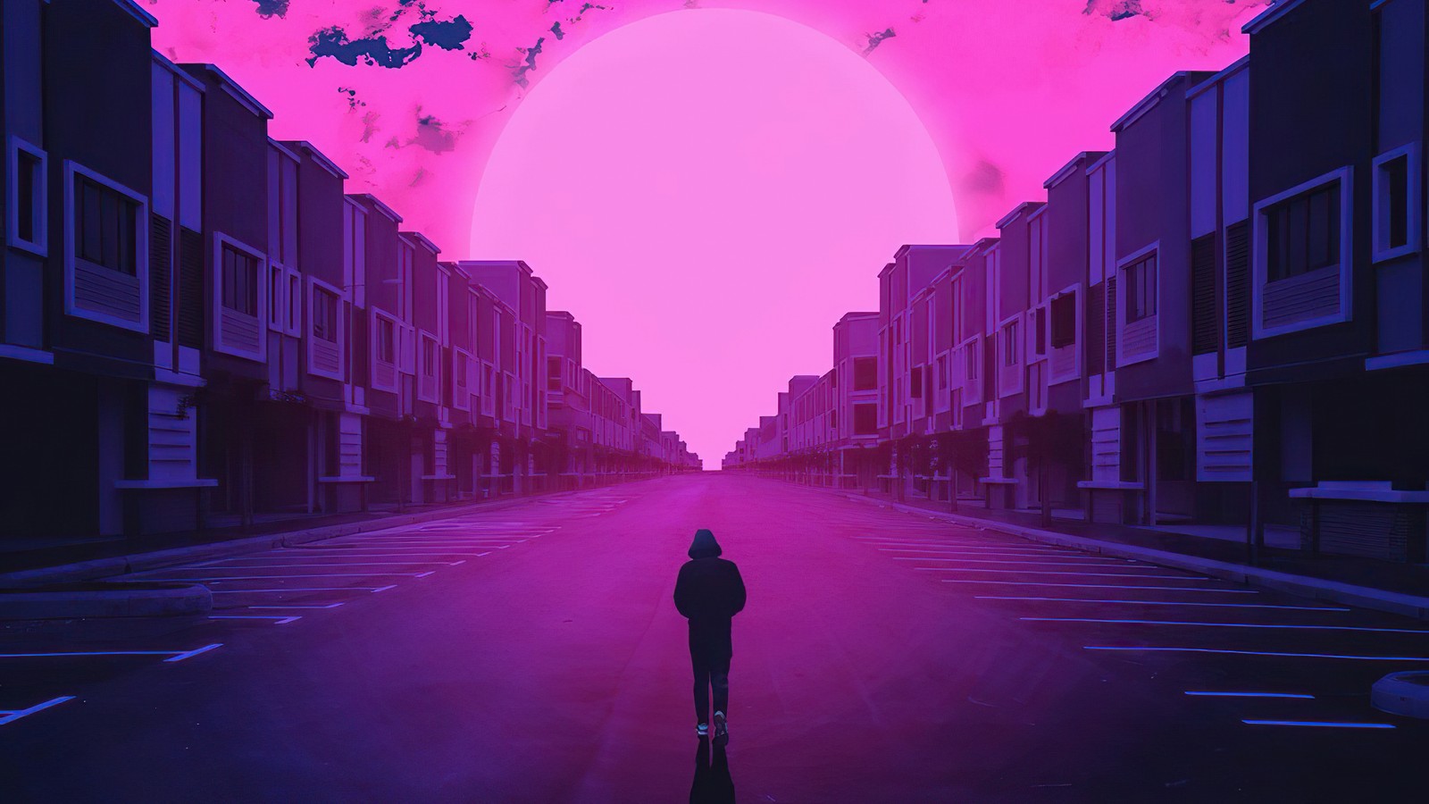 Arabisches bild einer person, die eine straße mit pinkem himmel entlanggeht (einsam, typ, retrowave, minimalistisch, minimalismus)