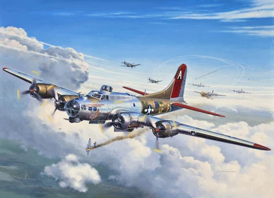 Boeing B-17 Flying Fortress in Flight Among Clouds, Engaging with Messerschmitt Me 262 Fighters.